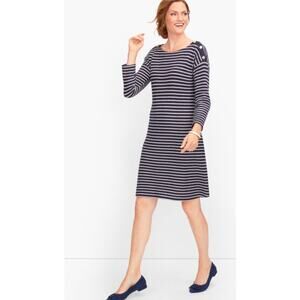 Talbots Women's Knit Sheath Dress Size MP Dark Navy Blue Striped